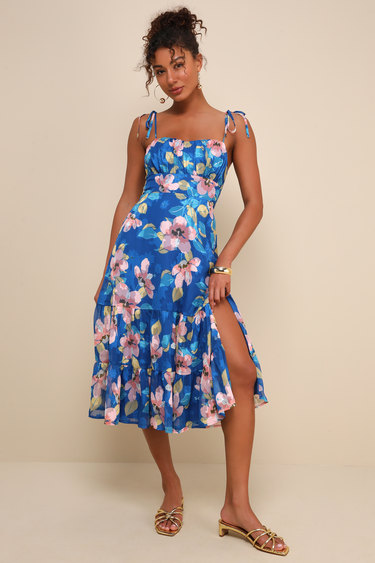 Blue Floral Print Dress Tiered Dress Tie-Strap Midi Dress Lulus
