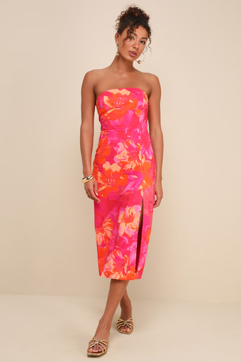 Bold Tendencies Fuchsia Floral Strapless Cutout Midi Dress 1