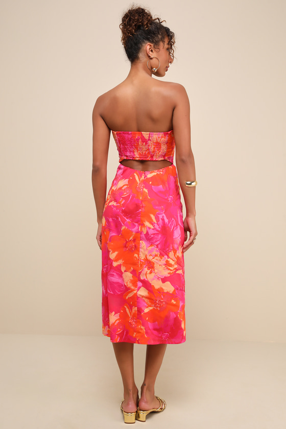 Lulus Bold Tendencies Fuchsia Floral Strapless Cutout Midi Dress In Fuchsia