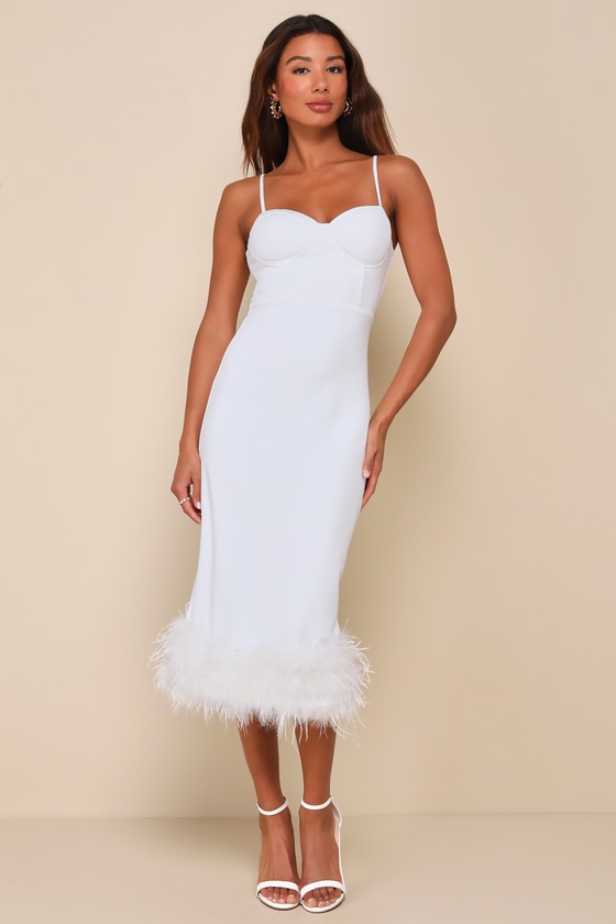 Lulus Passion For Glamour White Sleeveless Bustier Feather Midi Dress In White