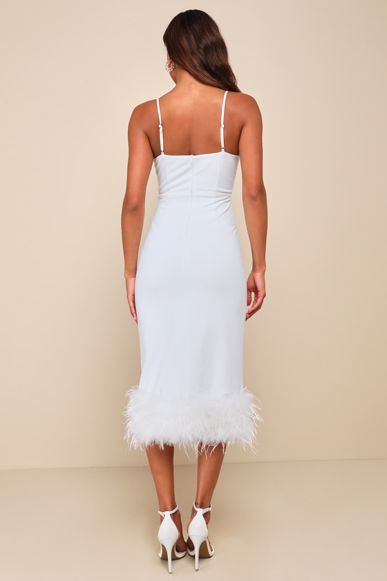 Lulus Passion For Glamour White Sleeveless Bustier Feather Midi Dress In White
