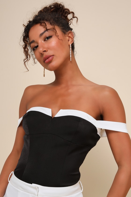 LULUS SIGNATURE PERFECTION BLACK COLOR BLOCK SATIN NOTCHED BODYSUIT 
