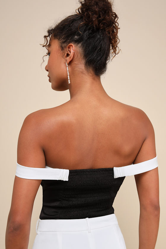 LULUS SIGNATURE PERFECTION BLACK COLOR BLOCK SATIN NOTCHED BODYSUIT 