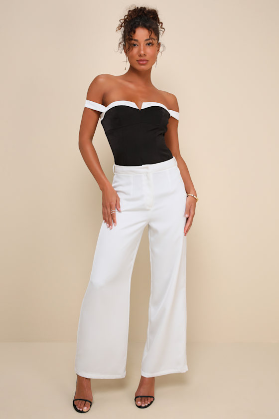 LULUS SIGNATURE PERFECTION BLACK COLOR BLOCK SATIN NOTCHED BODYSUIT 