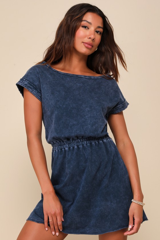 Lulus Definite Beauty Washed Dark Blue Short Sleeve Mini Dress In Dark Blue