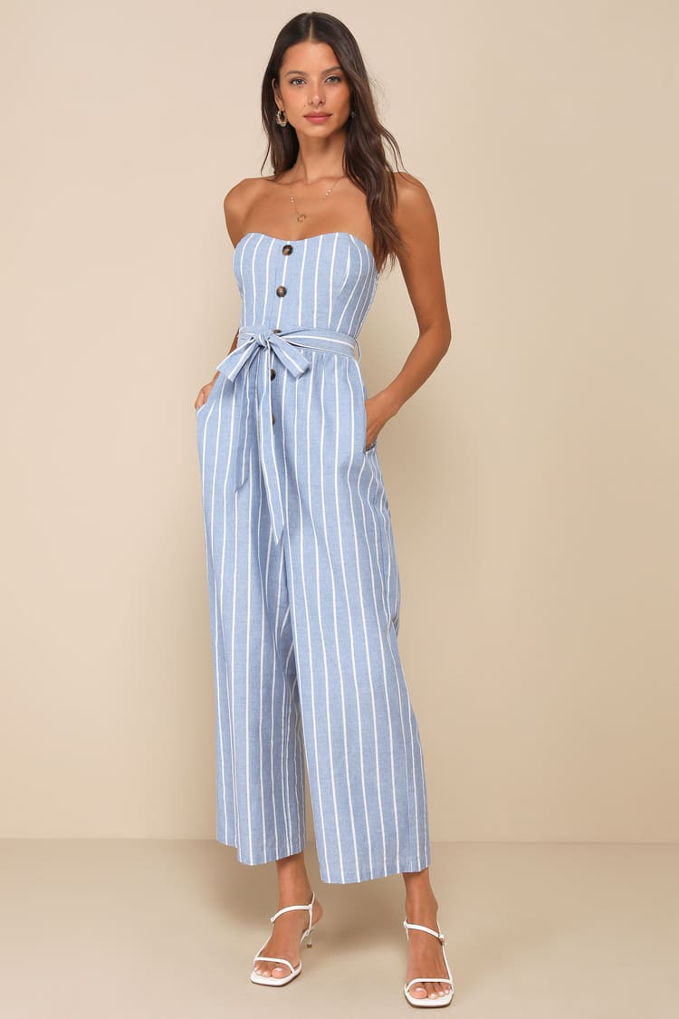 blue and white striped romper dress Strapless Jumpsuit | Womens | Small (Available in XXL, M, L, XL) | 100% Rayon The Never Better Romper PTJFL Women's Light blue/Gingham check Size:IT 37 - US 7