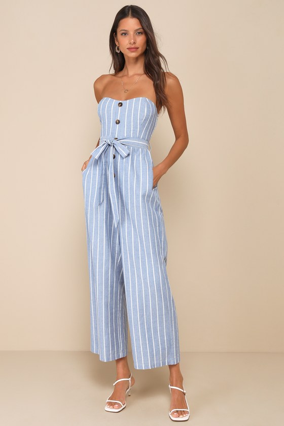 Sunny Day Classic Blue and White Striped Strapless Jumpsuit 2