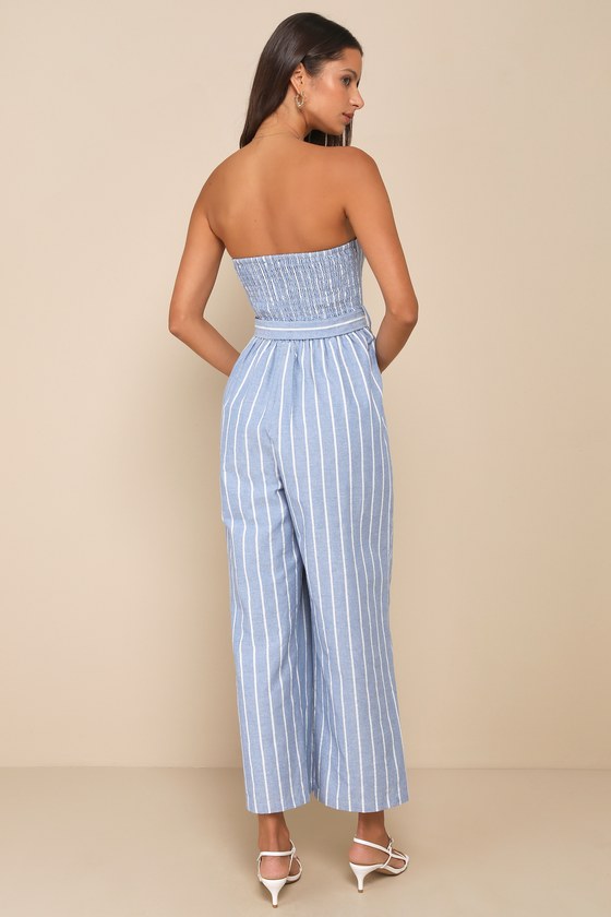 Lulus Sunny Day Classic Blue And White Striped Strapless Jumpsuit In Blue And White