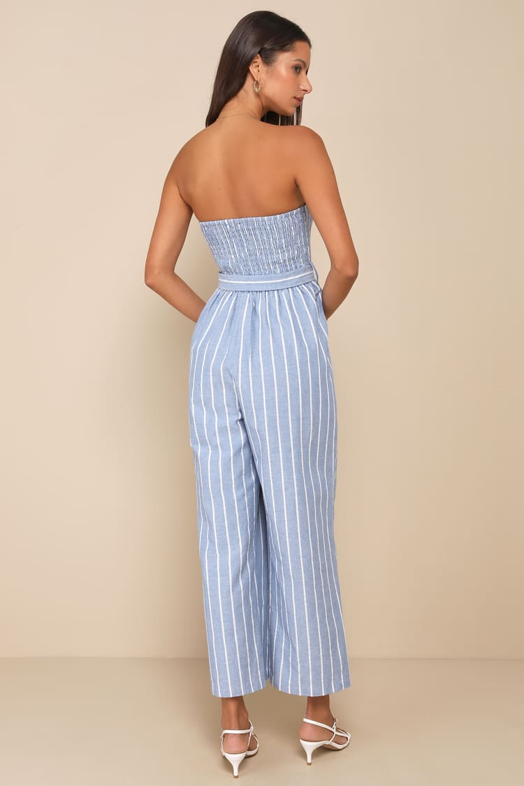 Sunny Day Classic Blue and White Striped Strapless Jumpsuit