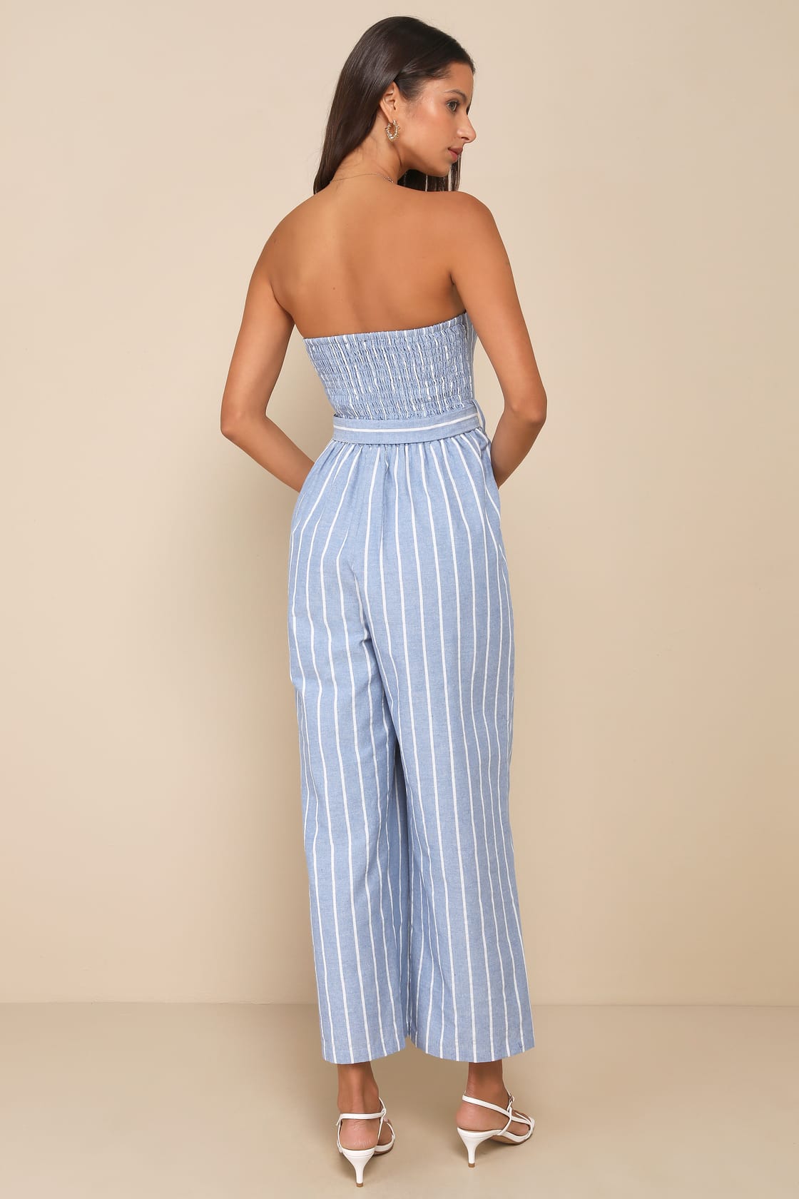 Sunny Day Classic Blue and White Striped Strapless Jumpsuit