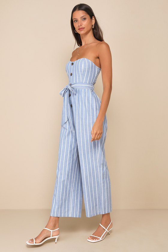 Lulus Sunny Day Classic Blue And White Striped Strapless Jumpsuit In Blue And White