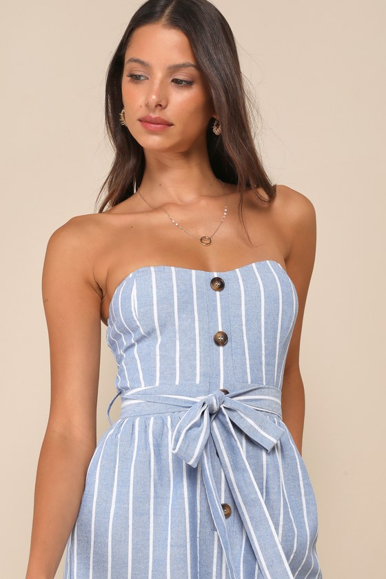 Lulus Sunny Day Classic Blue And White Striped Strapless Jumpsuit In Blue And White