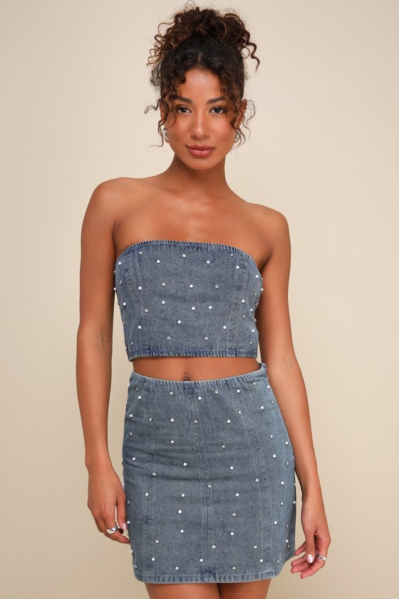 Medium Wash Denim Dress - 2-PC Mini Dress - Rhinestone Mini