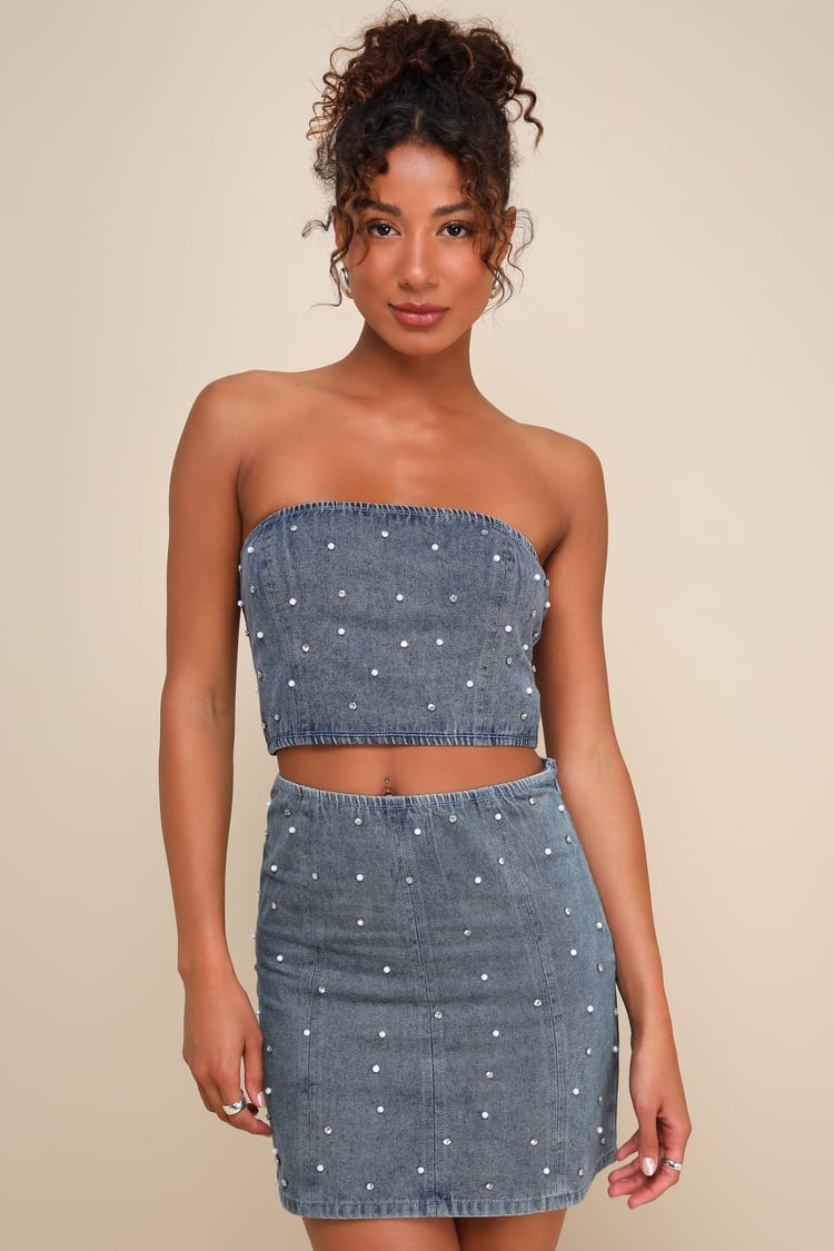 white christmas dresses Daphné blue crystal sleeveless denim mini dress