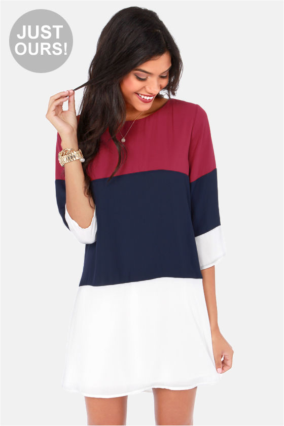 LULUS Exclusive Citrus Grove Navy and Wine Red Shift Dress