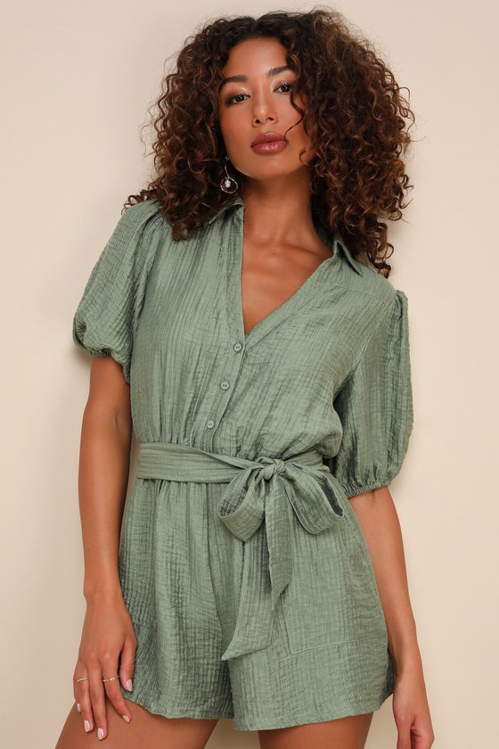 LULUS INSTINCTIVELY PERFECT GREEN TEXTURED BELTED SHORT SLEEVE ROMPER
