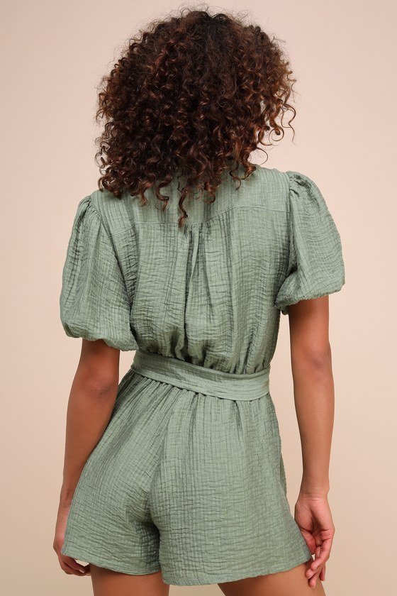 LULUS INSTINCTIVELY PERFECT GREEN TEXTURED BELTED SHORT SLEEVE ROMPER