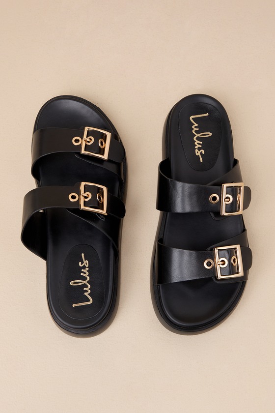 Black Sandals - Slide Sandals - Buckle Sandals - Flat Sandals - Lulus