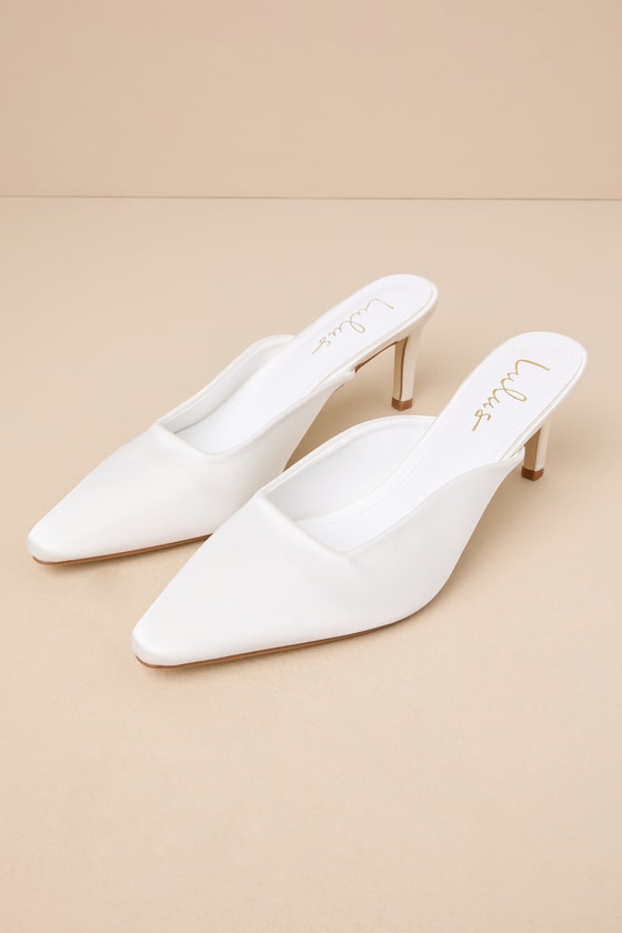 Daliah White Satin Pointed-Toe Mule Pumps 1