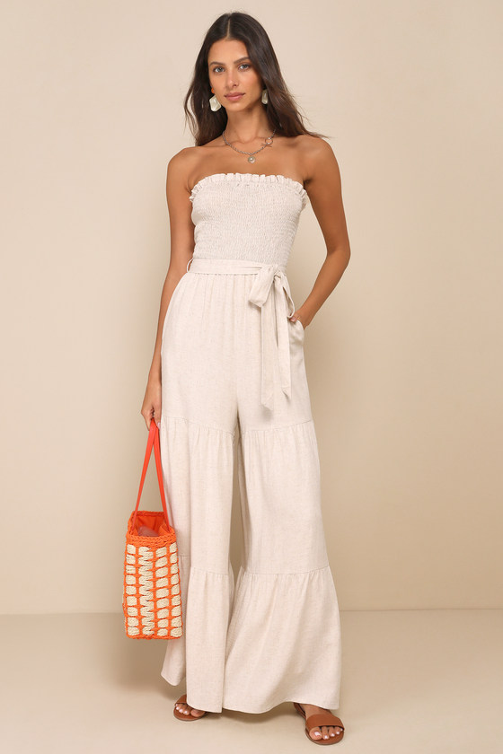 Effective Charm Beige Linen Smocked Strapless Wide-Leg Jumpsuit 2