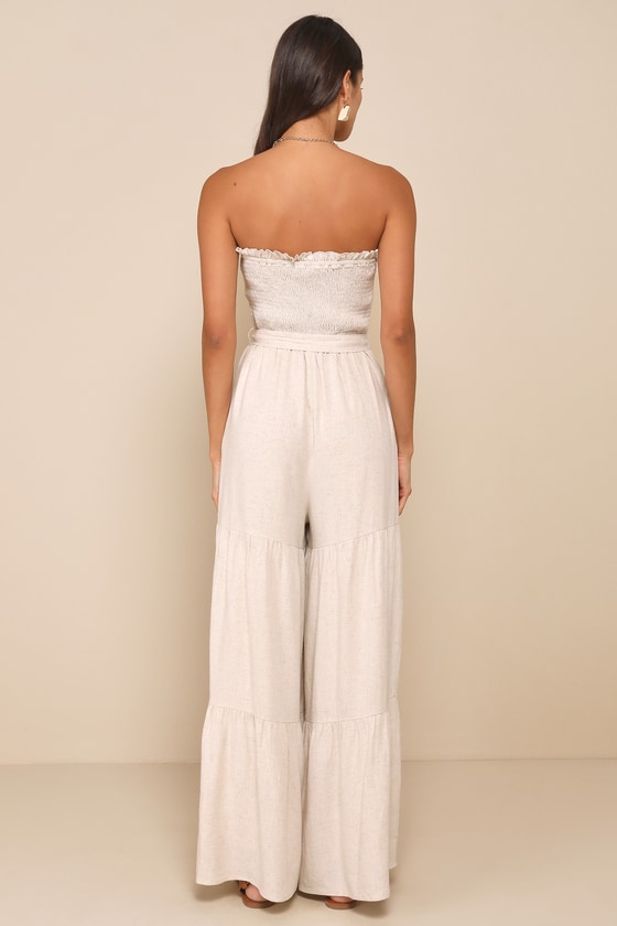 LULUS EFFECTIVE CHARM BEIGE LINEN STRAPLESS JUMPSUIT 