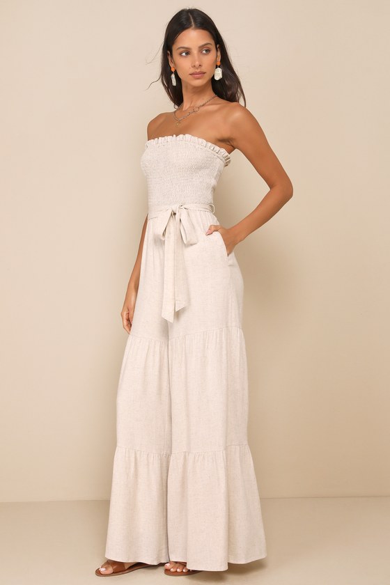 LULUS EFFECTIVE CHARM BEIGE LINEN STRAPLESS JUMPSUIT 