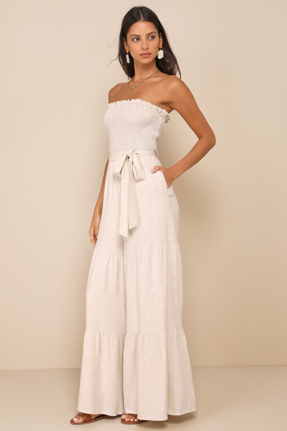 Effective Charm Beige Linen Smocked Strapless Wide-Leg Jumpsuit