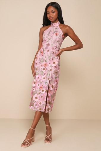 Unique Impression Pink 3D Floral Embroidered Halter Midi Dress 2