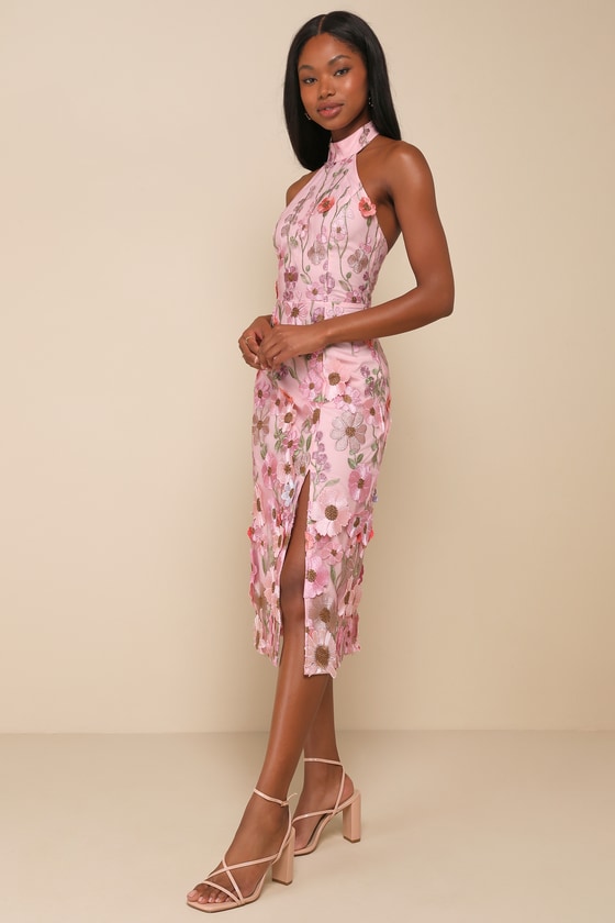 3D Embroidered Dress - Pink Floral Dress - Halter Neck Dress - Lulus
