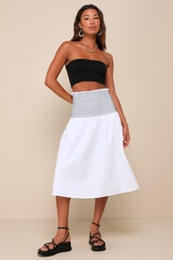 Relaxed Cuteness White Smocked Embroidered Midi Skirt 2