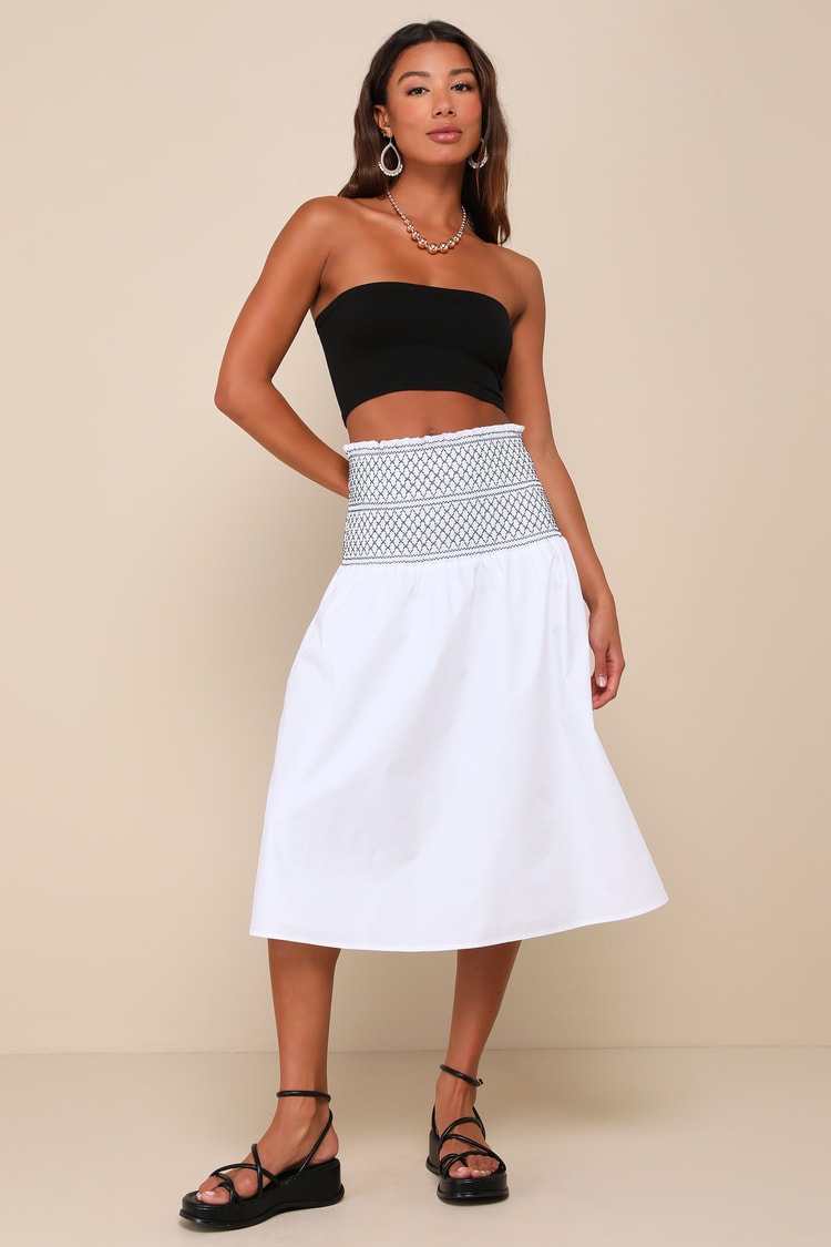 White Smocked Embroidered Midi Skirt | Womens | Small (Available in M, L, XL) | 100% Cotton | Lulus White Smocked Embroidered Midi Skirt | Womens | Small (Available in M, L, XL) | 100% Cotton | Lulus