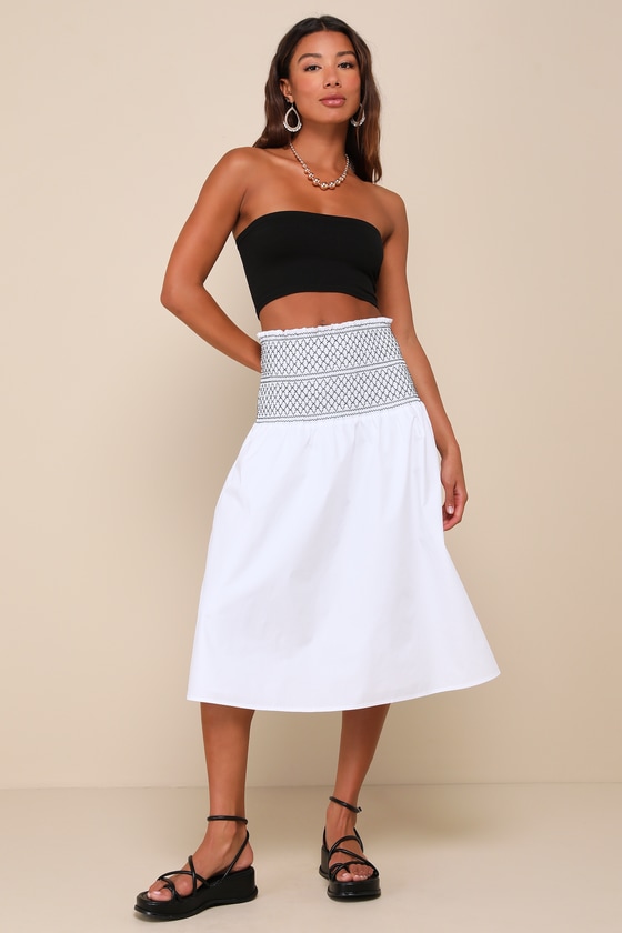 Relaxed Cuteness White Smocked Embroidered Midi Skirt 2
