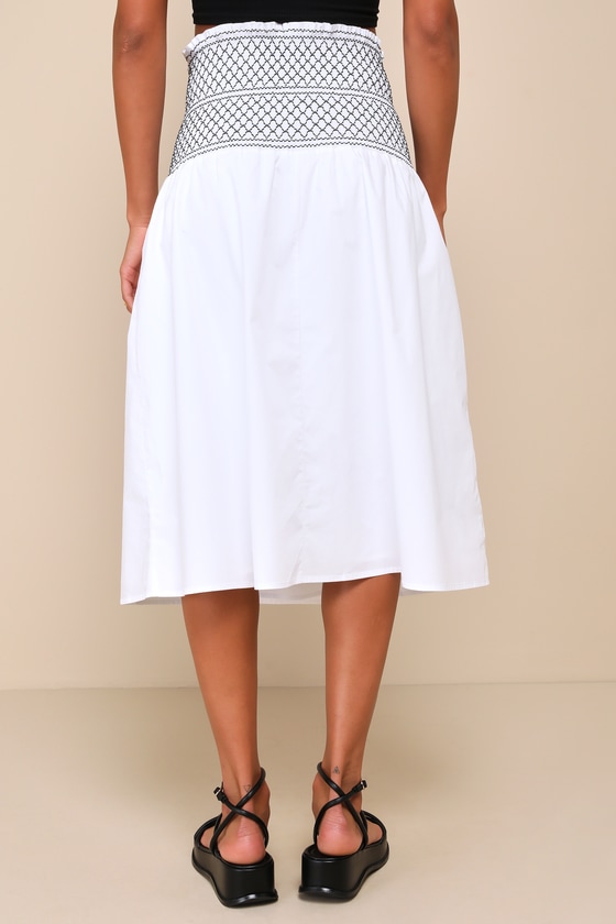 Lulus Relaxed Cuteness White Smocked Embroidered Midi Skirt In White