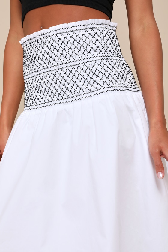 Lulus Relaxed Cuteness White Smocked Embroidered Midi Skirt In White