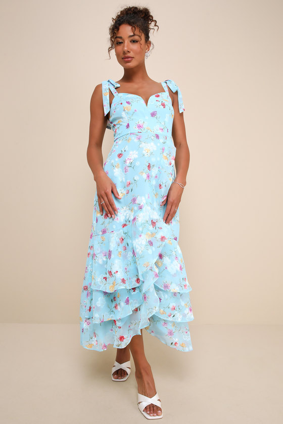 Lulus So Elevated Blue Floral Jacquard Tie-strap High-low Midi Dress In Blue