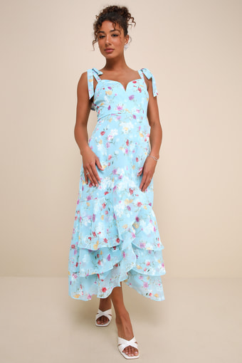 So Elevated Blue Floral Jacquard Tie-Strap High-Low Midi Dress 2