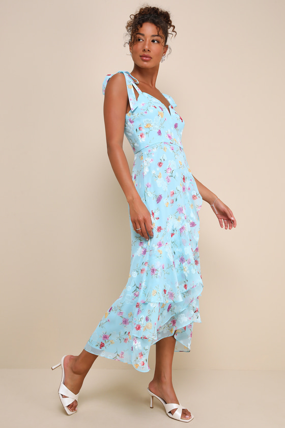 Lulus So Elevated Blue Floral Jacquard Tie-strap High-low Midi Dress In Blue