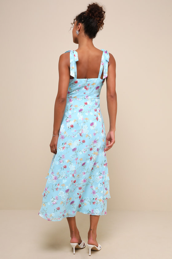 Lulus So Elevated Blue Floral Jacquard Tie-strap High-low Midi Dress In Blue