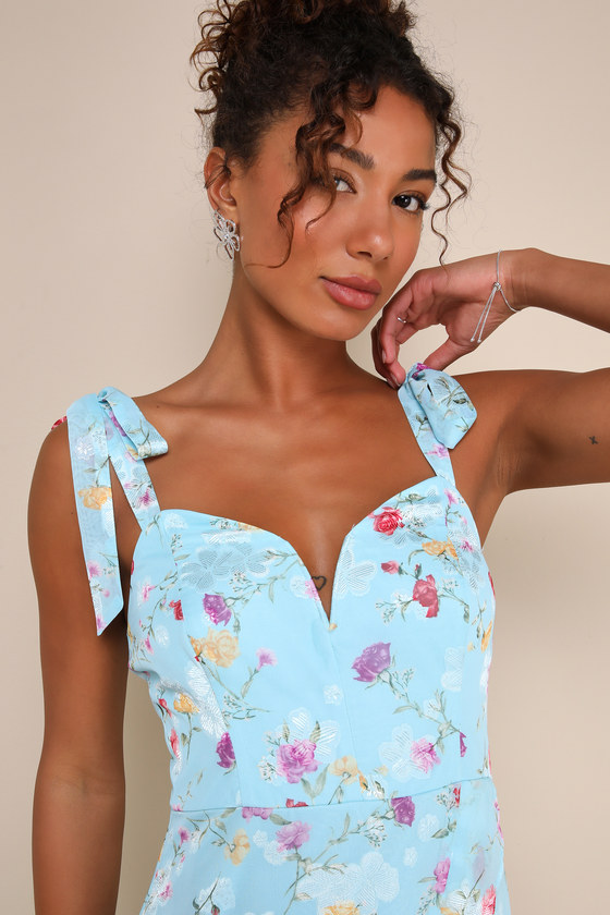 Lulus So Elevated Blue Floral Jacquard Tie-strap High-low Midi Dress In Blue