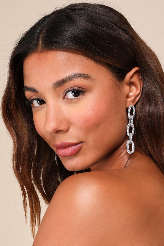 Silver Rhinestone Earrings - Chain Earrings - Drop Earrings