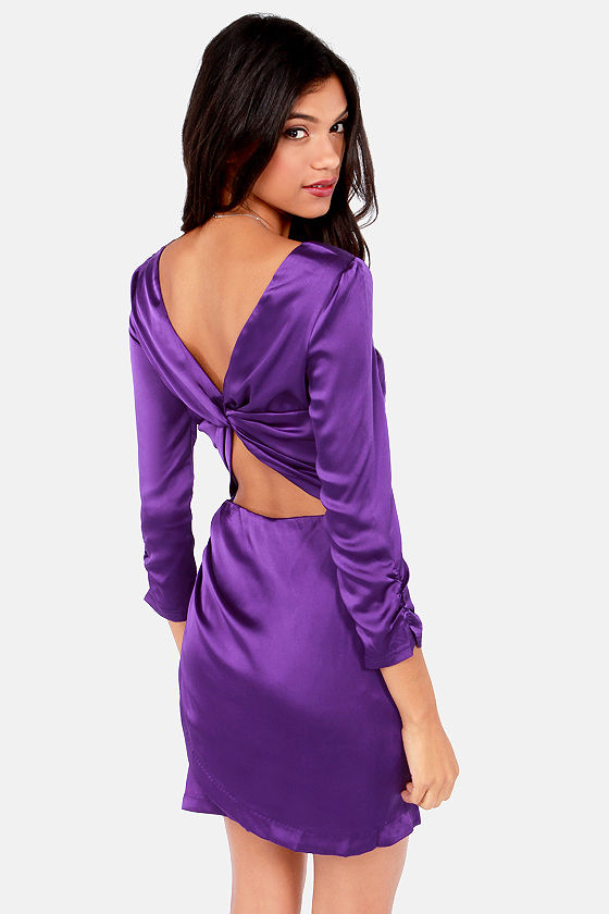 Purple satin dress long sleeve Clearance