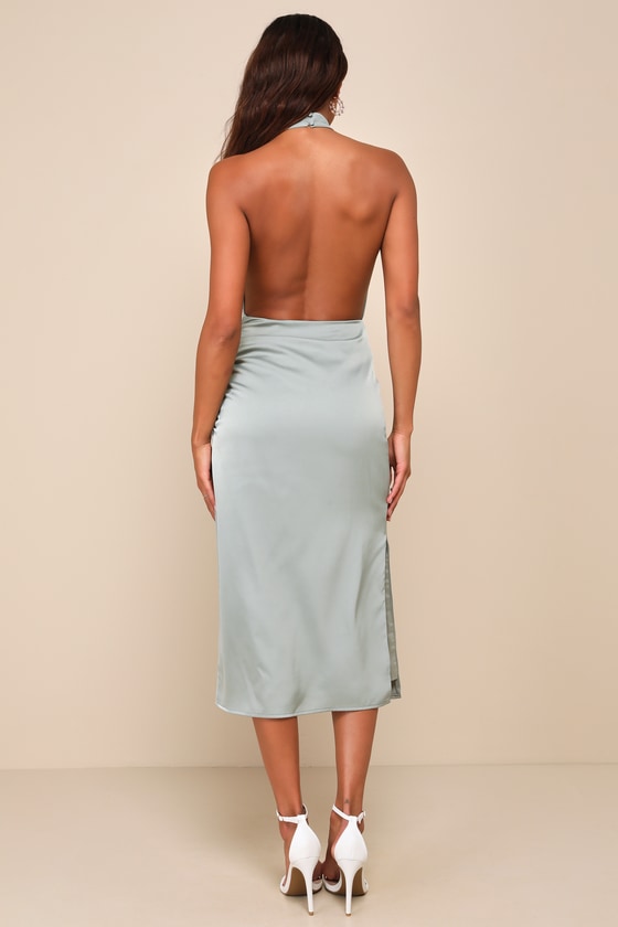 Gorgeous Season Sage Green Satin Backless Midi Dress 5