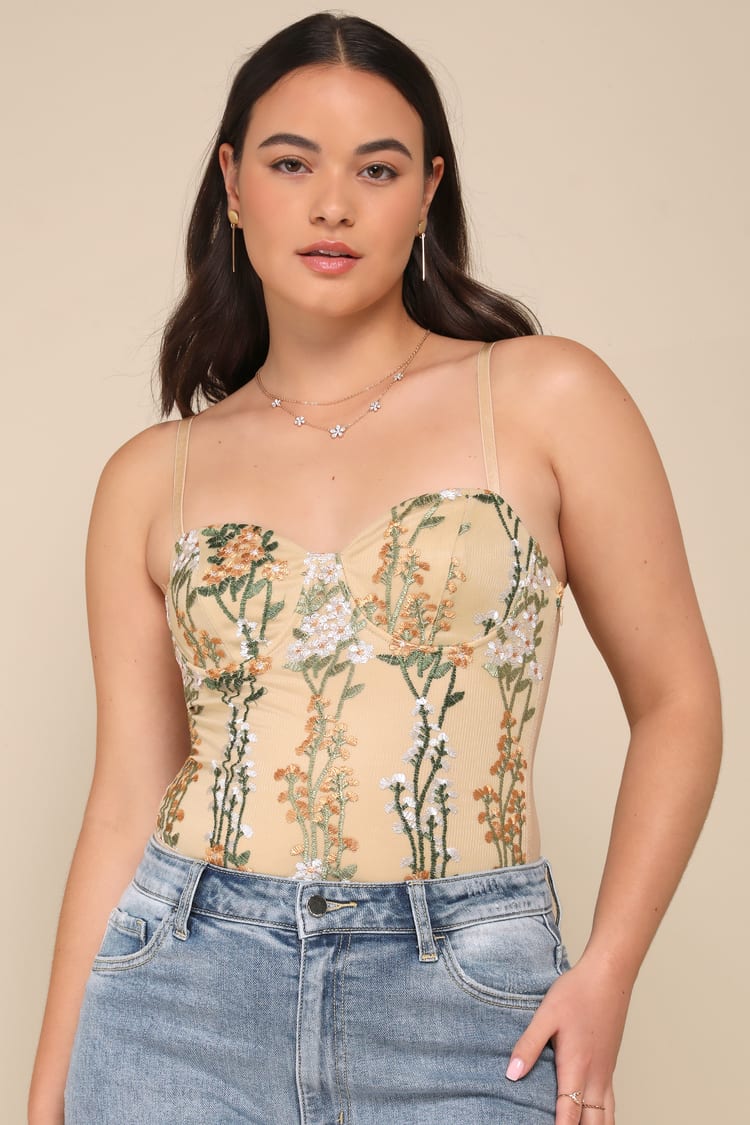 Essence of Elegance Beige Embroidered Bustier Bodysuit