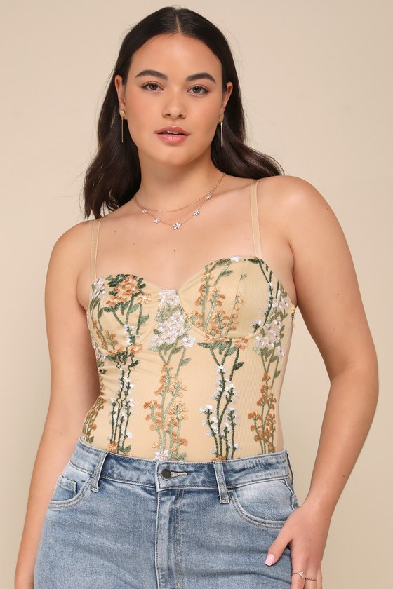 Essence of Elegance Beige Embroidered Bustier Bodysuit 8