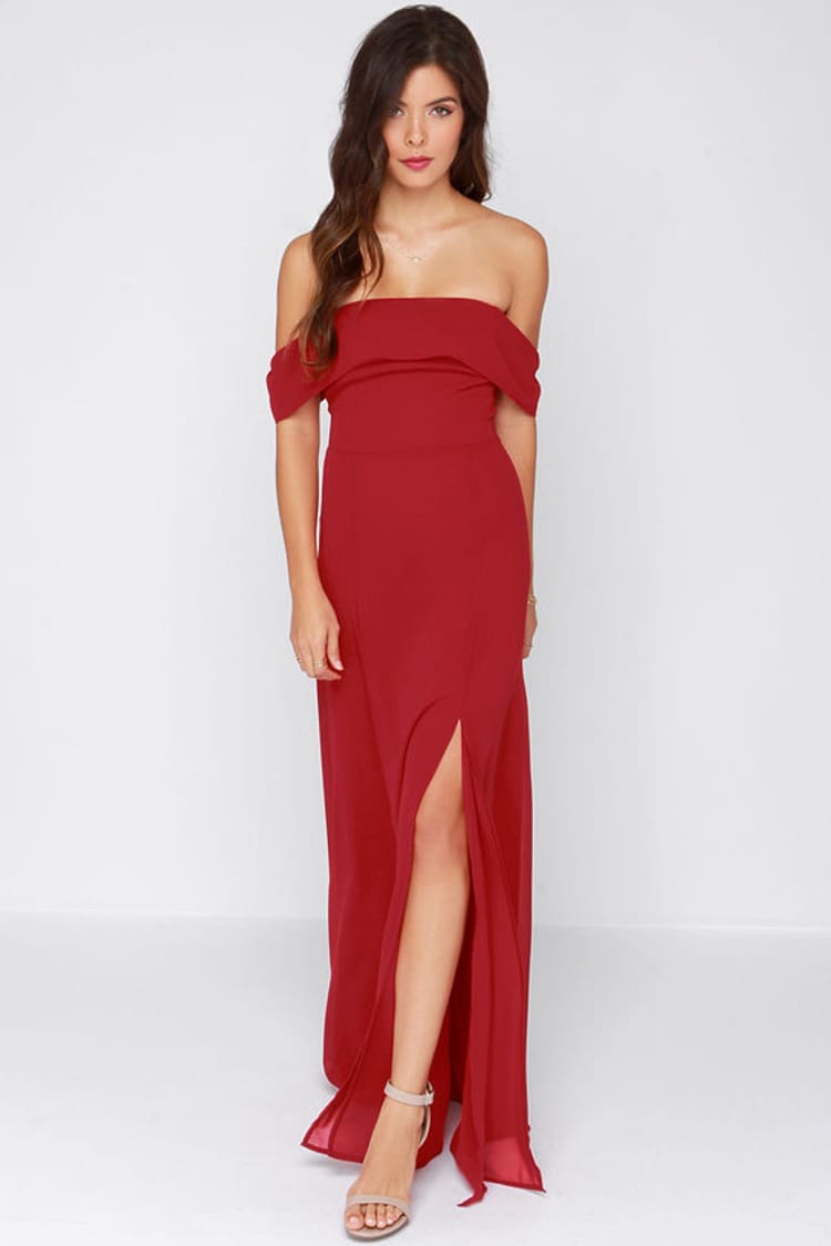 open lace back dress Therese Off Shoulder Ruched Maxi Dress - Red main image 1