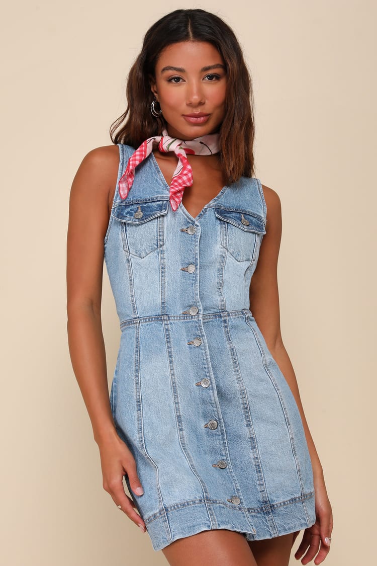 Sundance Medium Wash Denim Sleeveless Button-Front Mini Dress