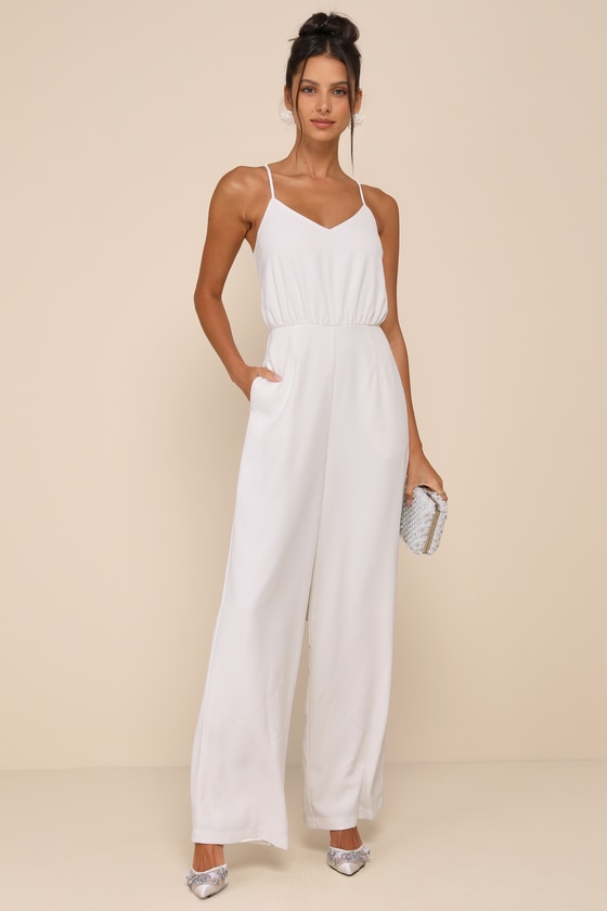 Chicyis White Linen Jumpsuit - V-Neck Puff Sleeve Belted Wide Leg