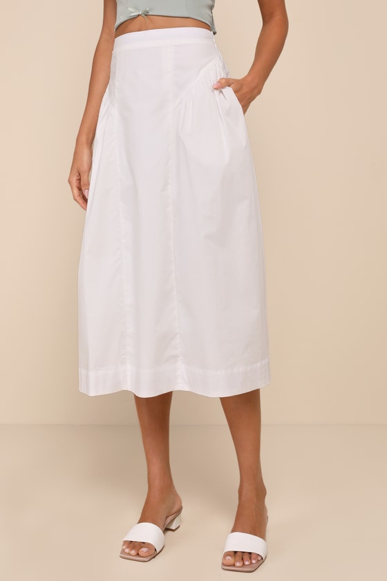 Simple Loveliness White A-Line Midi Skirt With Pockets 4