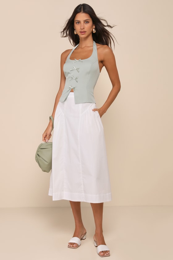 LULUS SIMPLE LOVELINESS WHITE A-LINE MIDI SKIRT WITH POCKETS