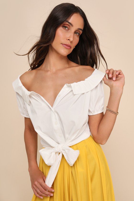 Lulus Pleasantly Perfect Ivory Off-the-shoulder Collared Tie-front Top In Ivory
